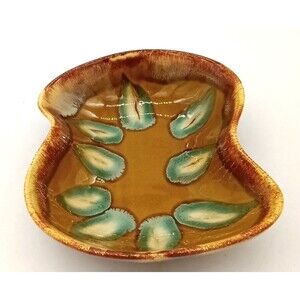 Vtg Dryden Pottery Ozark Frontier Brown Drip Glaze Teal Leaf Pattern Bowl